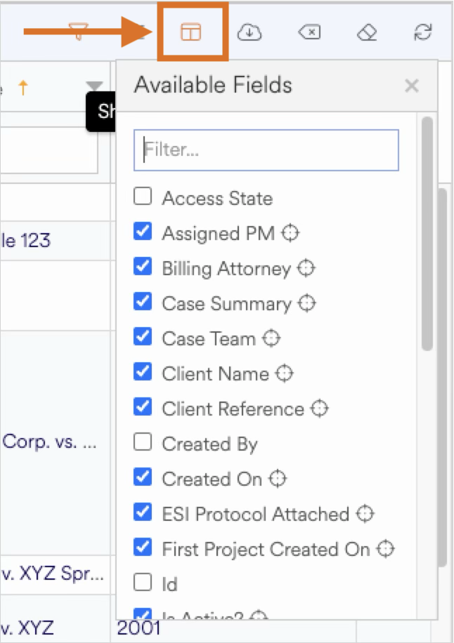 Menu displaying available fields for filtering case details in a software interface.